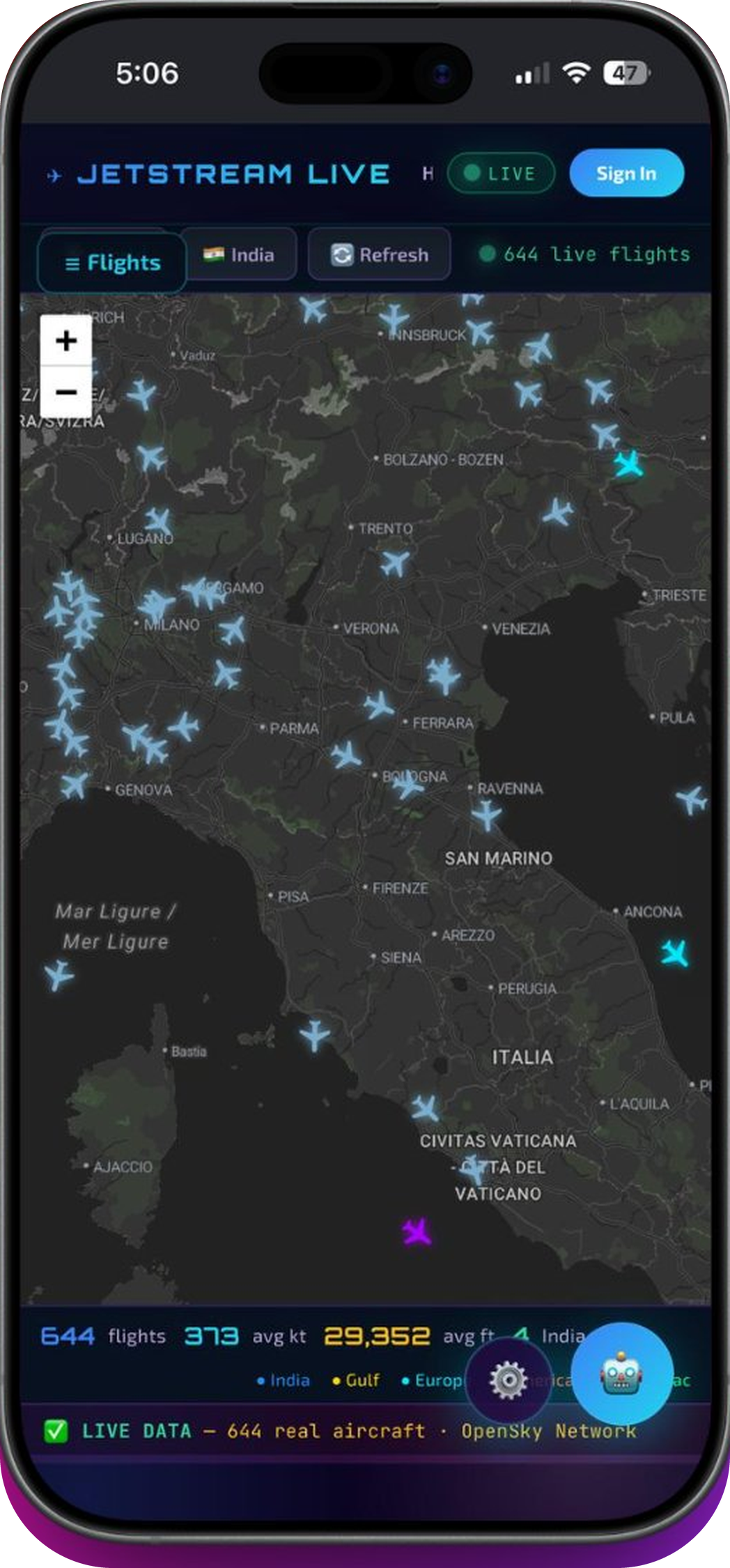 JetStream Live real-time flight map on iPhone