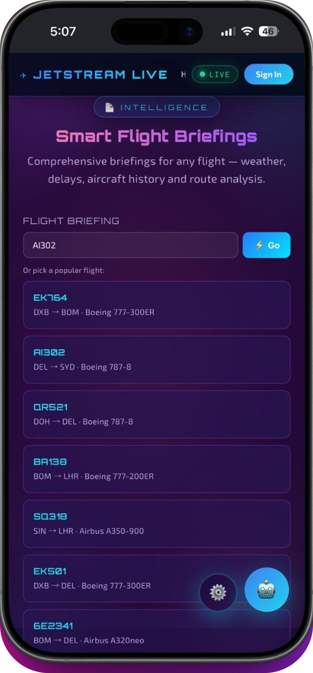 JetStream Live smart flight briefings on iPhone